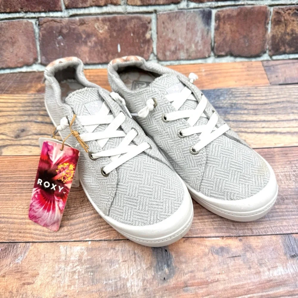Roxy Bayshore Plus Shoes Women Sz 10 Gray White Lace Up Comfort Sneakers READ